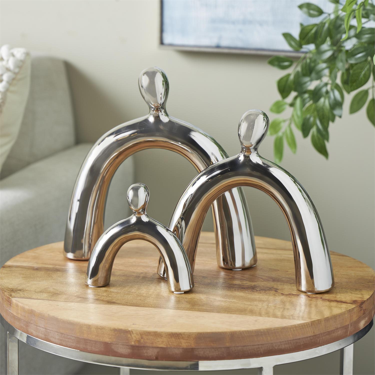 15274_3 Silver Ceramic Family Abstract Arched Decorative Sculpture, Set of 3 - Image 1