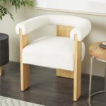 Cream Polyester Curved Back Mid-Century Modern Round Boucle Living Room Accent Chair with Light Brown Wood Frame