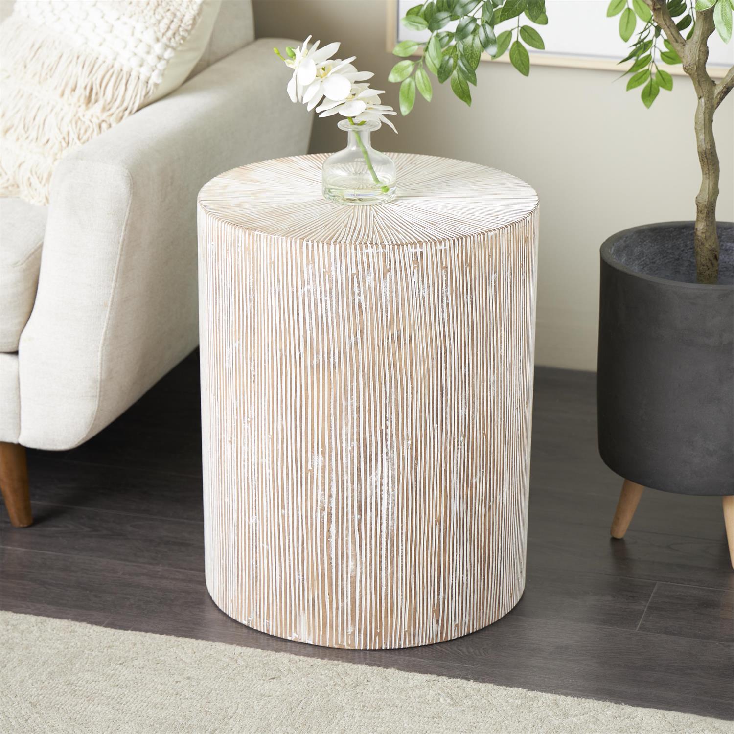 15684_3 Brown Wooden Starburst Drum Side End Accent Table with White Accents - Image 1