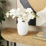 White Fabric Indoor Outdoor Artificial Flower with Green Vines and Round Ceramic Vase