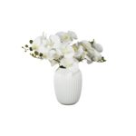 White Fabric Indoor Outdoor Artificial Flower with Green Vines and Round Ceramic Vase - Image 2