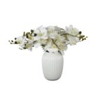 White Fabric Indoor Outdoor Artificial Flower with Green Vines and Round Ceramic Vase - Image 3
