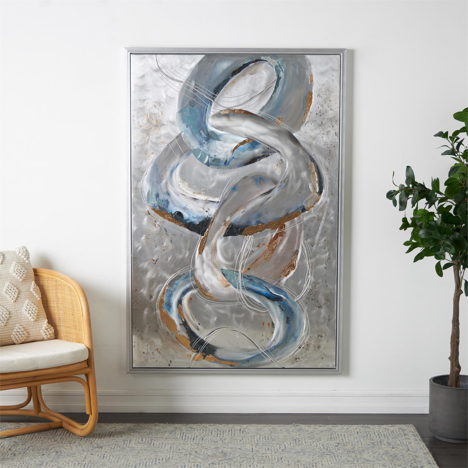 15955_3 Gray Canvas Abstract Interlocked Rings Living Room Framed Wall Art with Gold and Blue Accents - Image 1