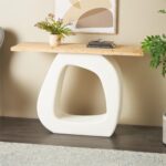 White Wooden O Shaped Living Room Console Table with Light Brown Tabletop