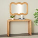 Brown Wood Handmade Ribbed Living Room Console Table with Mirror, Set of 2