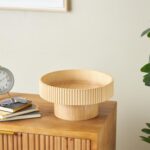 Light Brown Wood Ribbed Decorative Bowl with Elevated Base