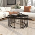 Black Metal Open Wire Frame Living Room Coffee Table with Shaded Glass Top - Image 2