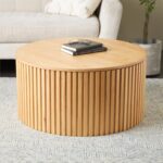 Brown Wood Handmade Ribbed Living Room Coffee Table with Slatted Base