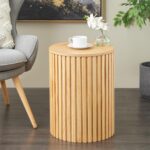 Brown Wood Handmade Ribbed Storage Side End Accent Table with Slatted Base