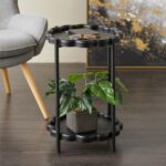 Black Wood Floral Inspired 2 Level Side End Accent Table with Metal Legs