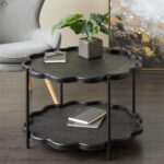 Black Wood Floral Inspired 2 Level Living Room Coffee Table with Metal Legs