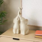 Cream Ceramic Elephant Decorative Sculpture with Raised Trunks, Set of 2