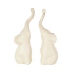 Cream Ceramic Elephant Decorative Sculpture with Raised Trunks, Set of 2 - Image 2