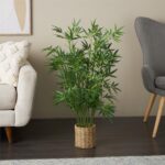 Green Faux Foliage Indoor Outdoor Artificial Tree with Realistic Leaves and Brown Seagrass Pot