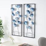 Blue Metal Floral Living Room Wall Decor with Black Metal Stems and Frame, Set of 2
