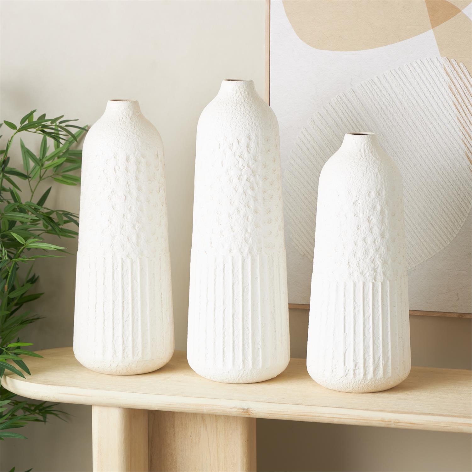 17010_3 White Metal Textured Decorative Vase with Honeycomb Pattern, Set of 3 - Image 1