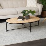 Beige Marble Oval Living Room Coffee Table with Black Metal Support