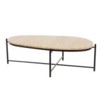 Beige Marble Oval Living Room Coffee Table with Black Metal Support - Image 3