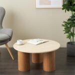 Brown Wood Living Room Coffee Table with Beige Round Marble Top