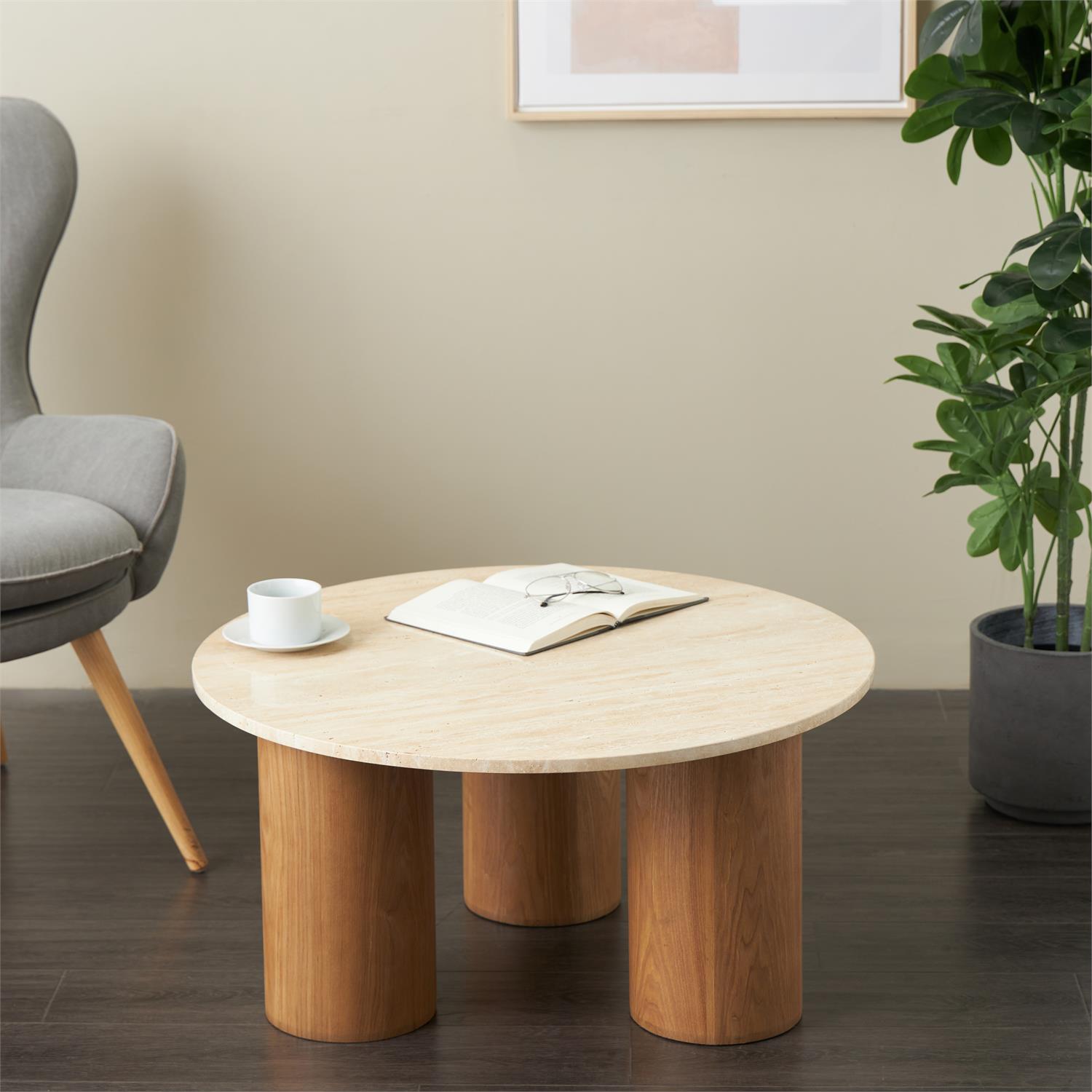 17439_3 Brown Wood Living Room Coffee Table with Beige Round Marble Top - Image 1