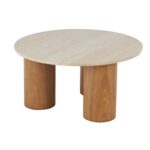 Brown Wood Living Room Coffee Table with Beige Round Marble Top - Image 2