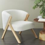 White Polyester Rounded Boucle Living Room Accent Chair with Angled Wooden Legs