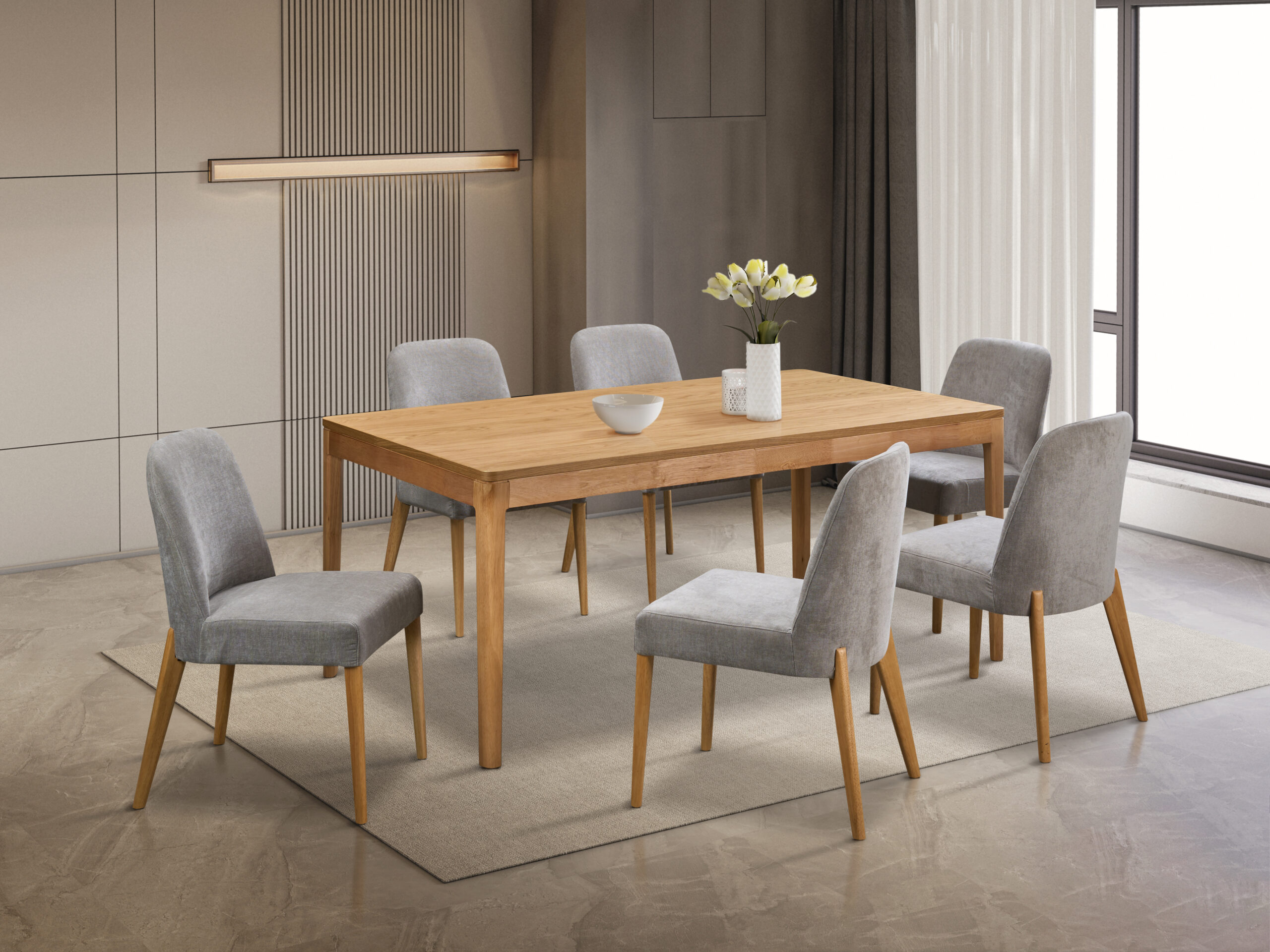 TYNDALL 7PC DINING TABLE 1800 w TYNDALL DINING CHAIR VENICE SLATE Tyndall 7pc Dining Set W/ Upholstered Side Chairs - Oak - Image 1