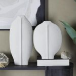 White Ceramic Abstract Textured Decorative Vase, Set of 2 18", 13"H